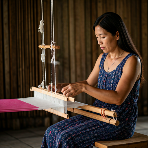 A woman weaving on a traditional hand loom